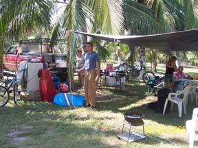 Setting up camp under the palm trees (watch for coconuts) 